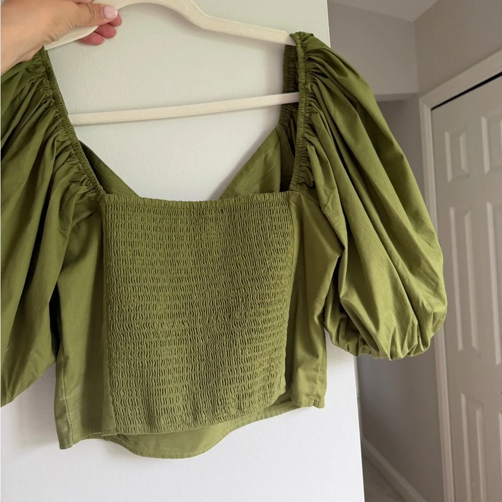 Abercrombie & Fitch Olive Green Puff Sleeve Crop Top
